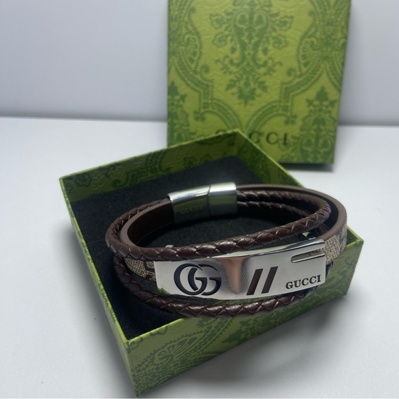 Gucci Brown and Tan Leather Bracelet with Silver Accents - Picture 1 of 6